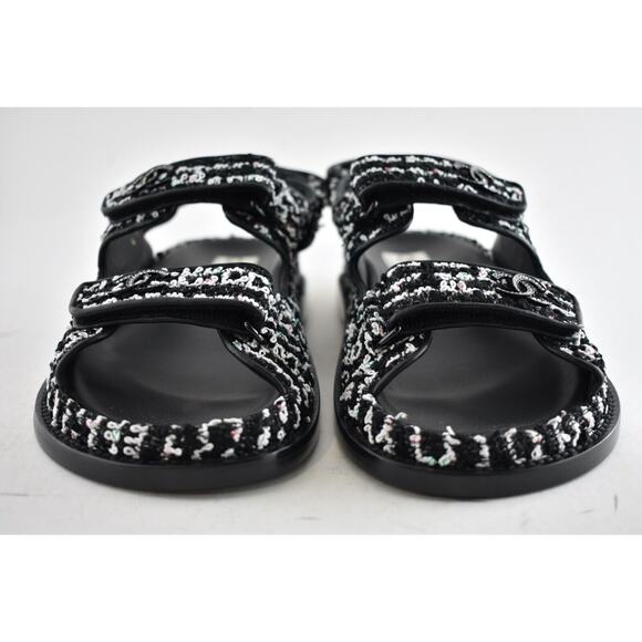 Chanel 22C Black White Tweed CC Logo Mule Slide Strap Flat Dad Teva Sandal 37.5 - Picture 6 of 11